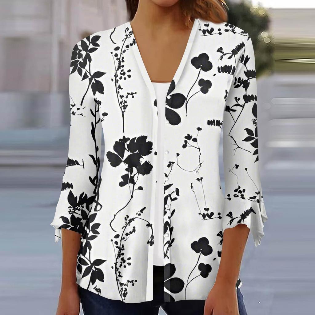 Women's Fashion Loose Casual Printed Seven-Part Sleeve Button Down Blouse Cardigan Top