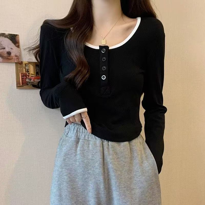 2025 autumn and winter American retro half-breasted T-shirt women's pure desire wind inner long-sleeved irregular contrasting color bottoming shirt