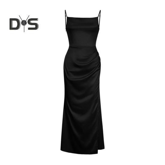 

Женское атласное облегающее платье с тонкими бретельками, боковая комбинация, длинное платье с воротником-хомут, сексуальное клубное платье миди для вечеринок, дней рождения, свадеб M чёрный