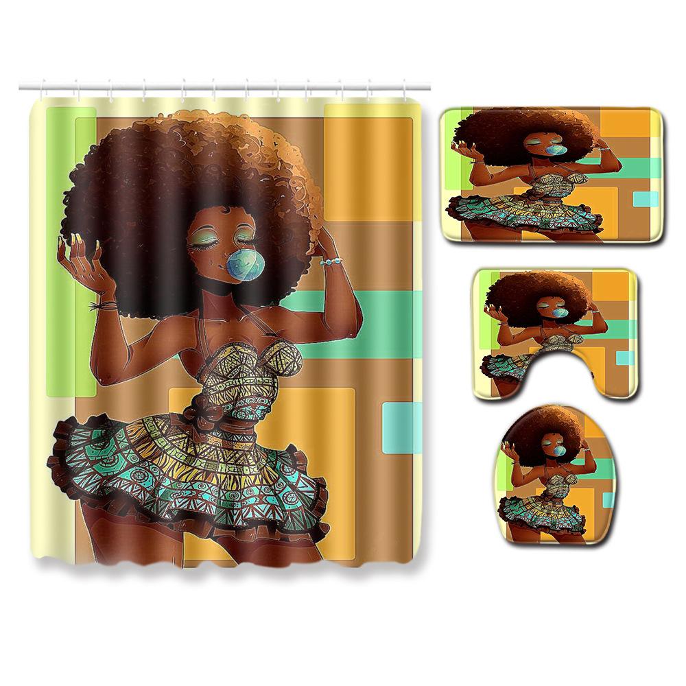 African American Women'S Bathroom Four-Piece Combination Set Household Door Mat Absorbent Non-Slip Floor Mat Carpet