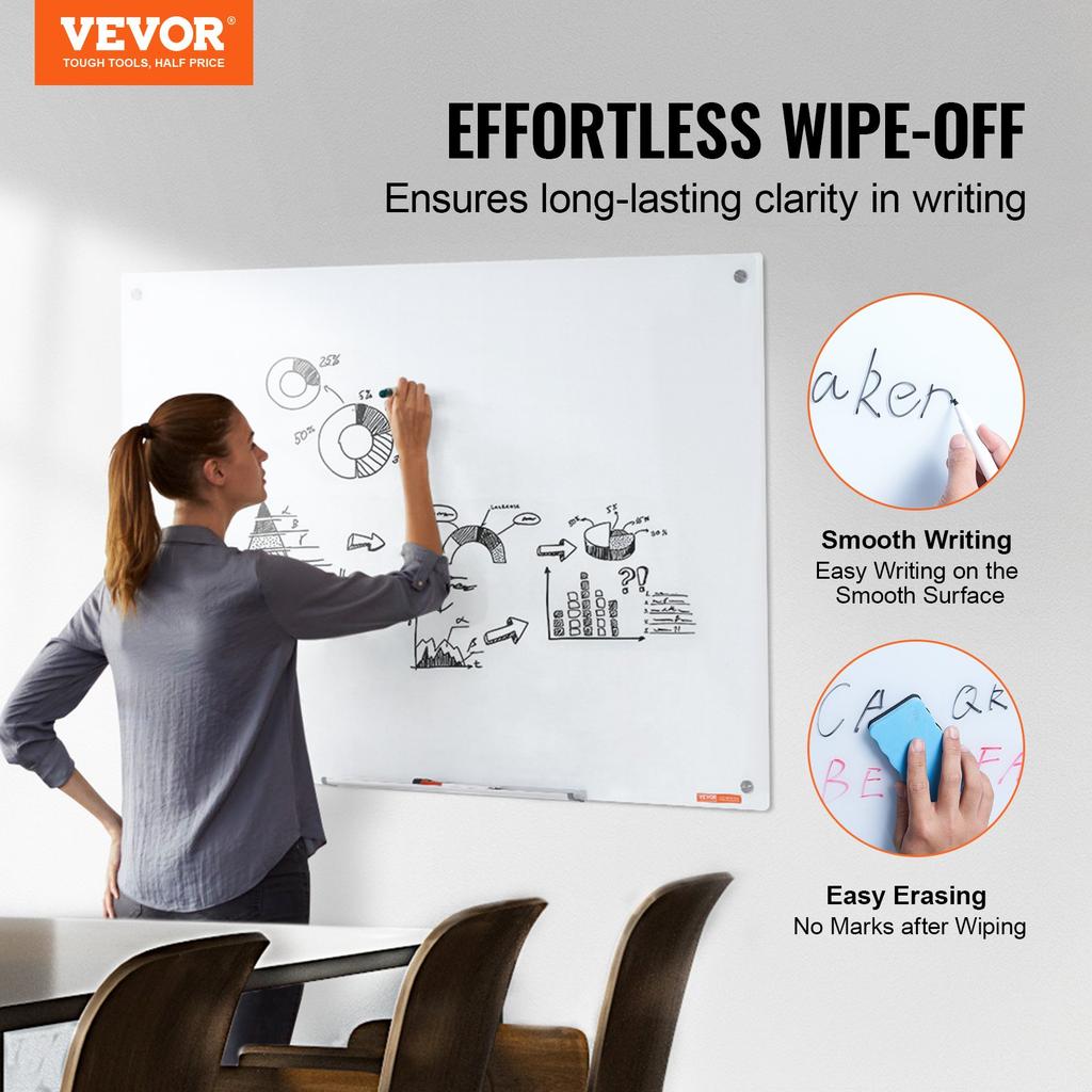 VEVOR Magnetic Glass Whiteboard, Dry Erase Board 1200 X 800 Mm, Wall-Mounted Large White Glassboard Frameless, with Marker Tray