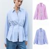 Za Spring New Women Clothes Fashion Casual Waist Button Decoration Oxford Long Sleeve Lapel Shirts 2190772
