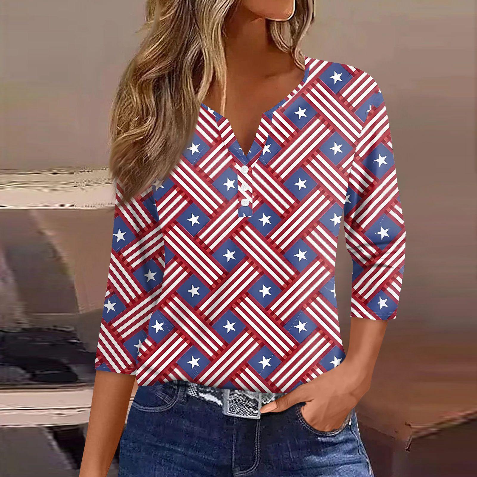 

Женская повседневная футболка с принтом «День независимости» с V-образным вырезом, рукавом 3/4, декорированной пуговицами S