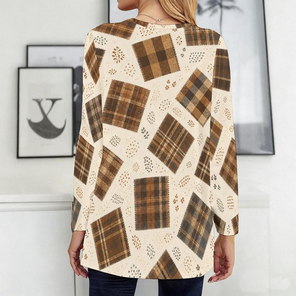 Women Plus Size Round Neck Long Sleeve Plaid Print T Shirt Loose Longline With Pockets