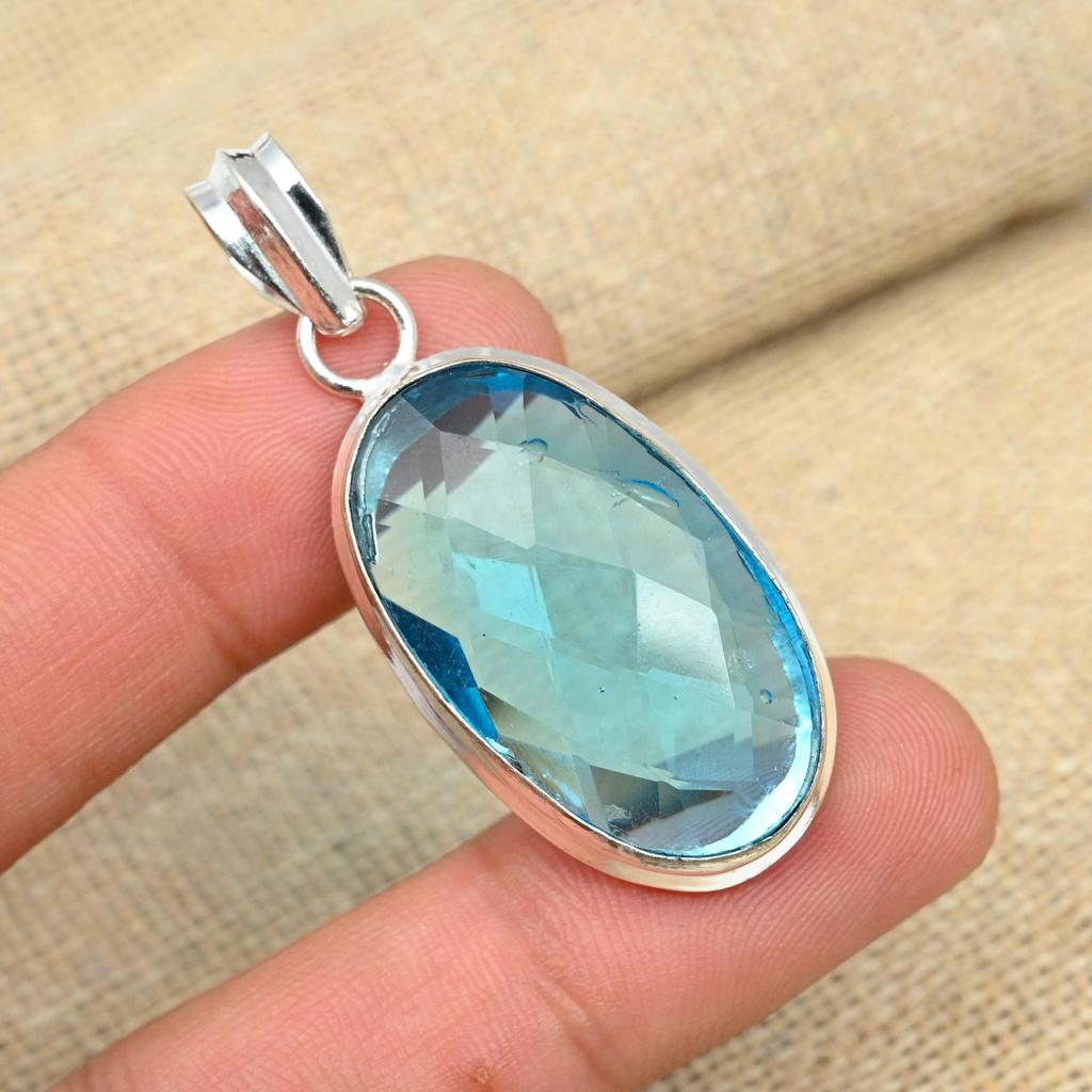 Awesome Blue Topaz Gemstone 925 Sterling Silver Handmade Oval Shaped Pendant Jewelry