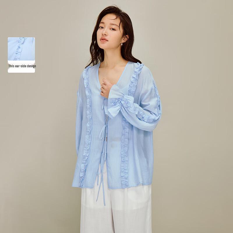 INMAN French Ruffle V-Neck Tie Long Sleeve Blouse L