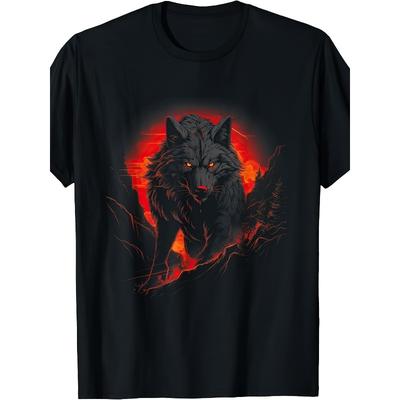 Europäische Größen Black Wolf Werwolf Dunkle Horror Mythologie Fantasy T-Shirt, Bequemes Rundhals Kurzarm-T-Shirt für Herren