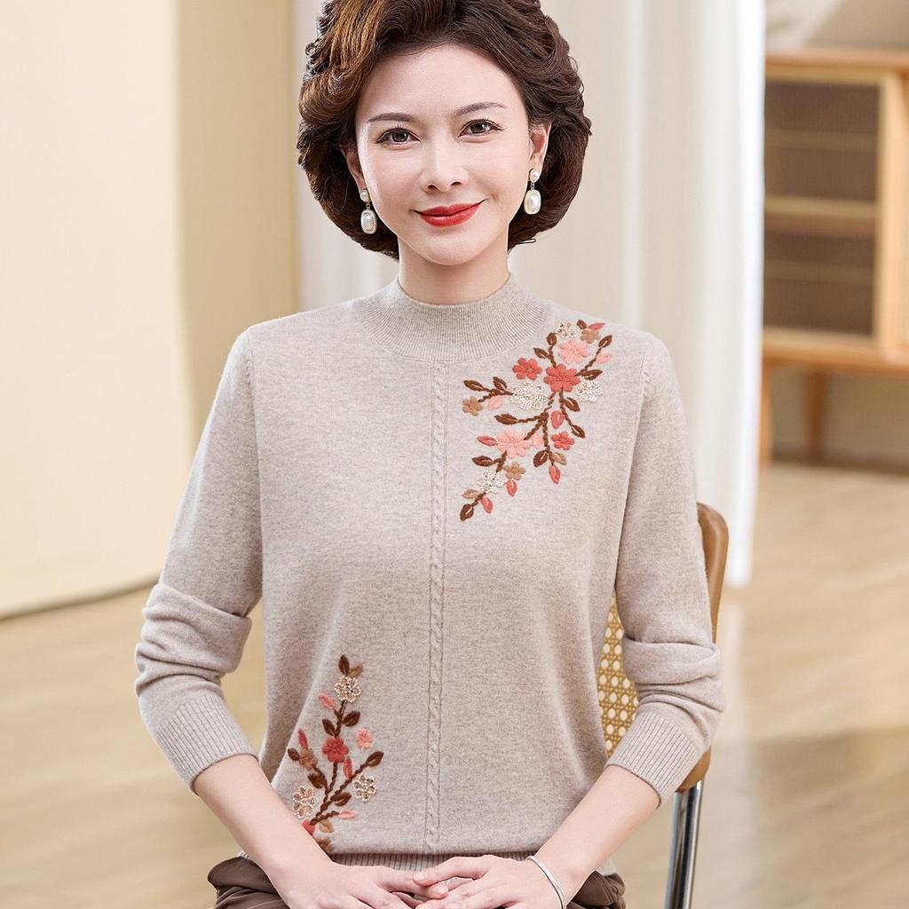 Women's 100% Pure Wool Embroidered Sweater - New 2025 Autumn/Winter Collection for Middle-Aged and Elderly