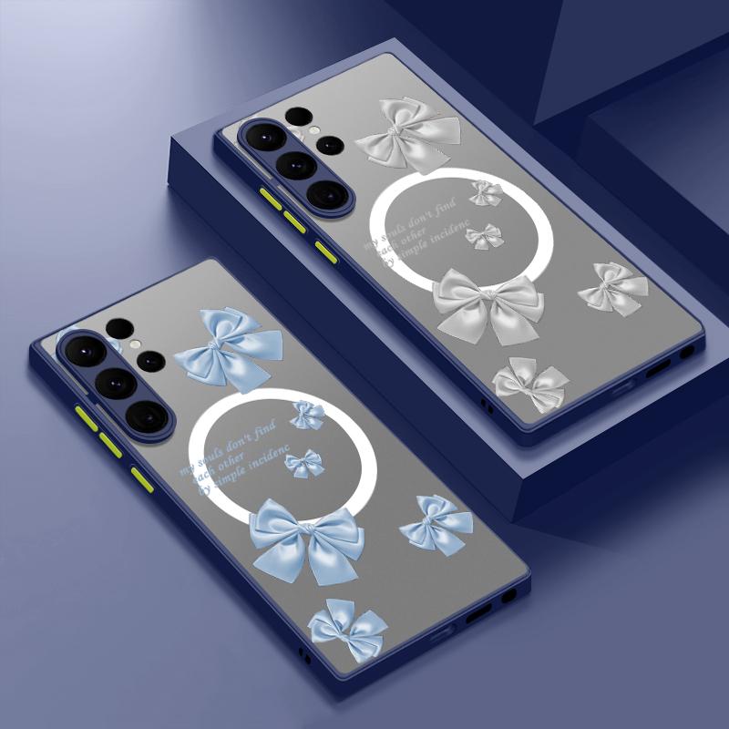 Bowknot Pattern Clear Magnetic Case For Samsung S25 S24 FE S23 Ultra S22 A56 A36 A15 A55 A35 Wireless Charge Shockproof Slim Matte Hone Cover