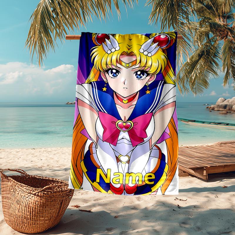 Custom Name Ultra-Soft Beach Towel with Sailor Moon Theme,Ideal for Pool - Camping, Diving - Perfect Travel Essential, Vibrant Beach Towel.