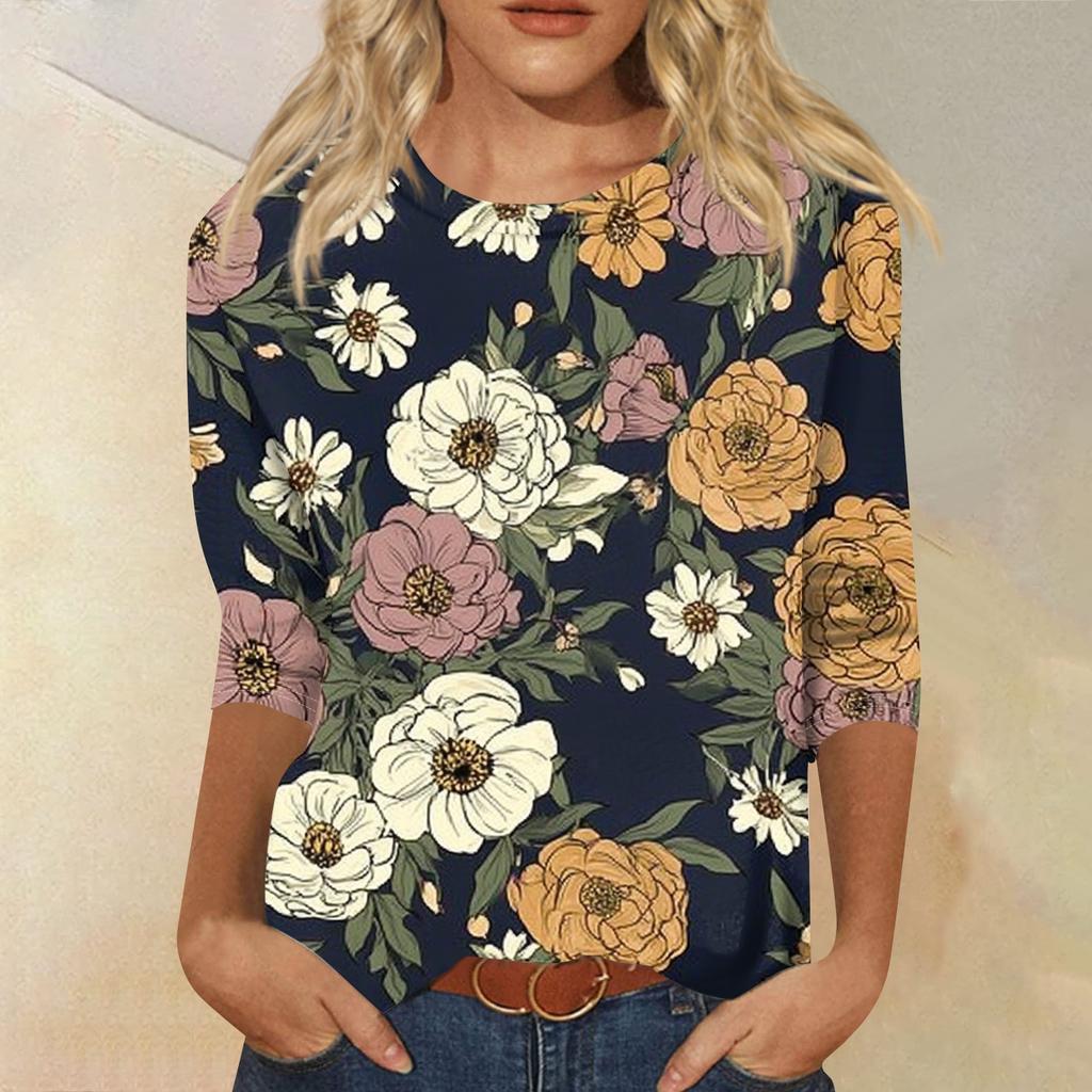 Women's Fashion Casual Round Neck Three Quarter Sleeve Printed T-Shirt Top