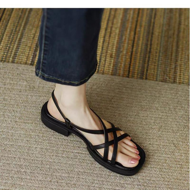 

Women s French Vintage Brown Peep Toe Flat Sandals, Single Strap Cross Low Heel Roman Summer Shoes 40 чорний
