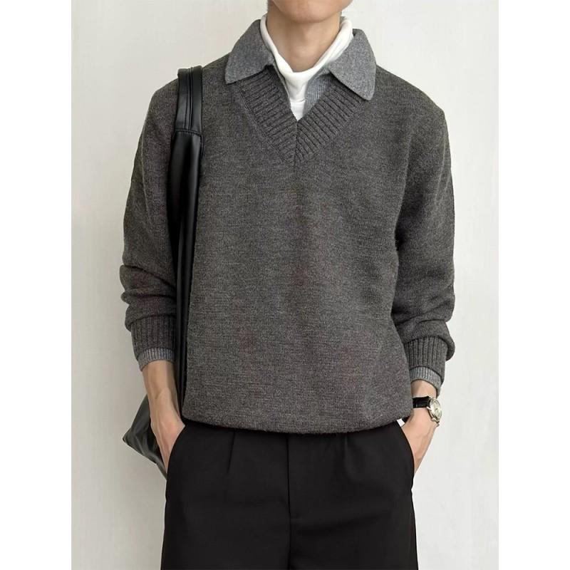 Mens Vintage V-Neck Knit Sweater Winter Loose Preppy Style Pullover Top