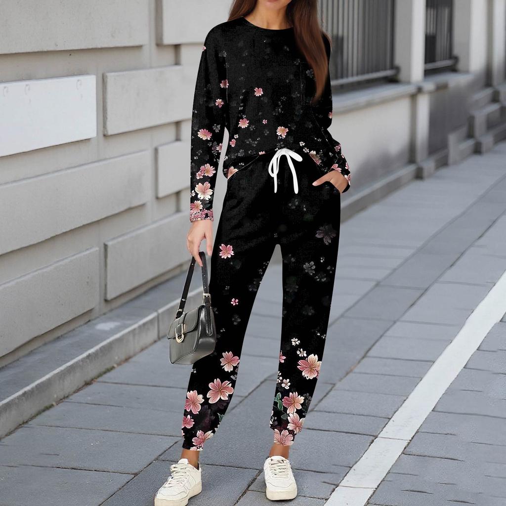 Sets für Damen 2-teilig Rundhals Langarmshirts Bedruckte Jogginghosen Taschensets