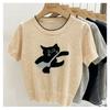Women Cute Cat Print Short Sleeve Knit Top Round Neck Casual Sweater