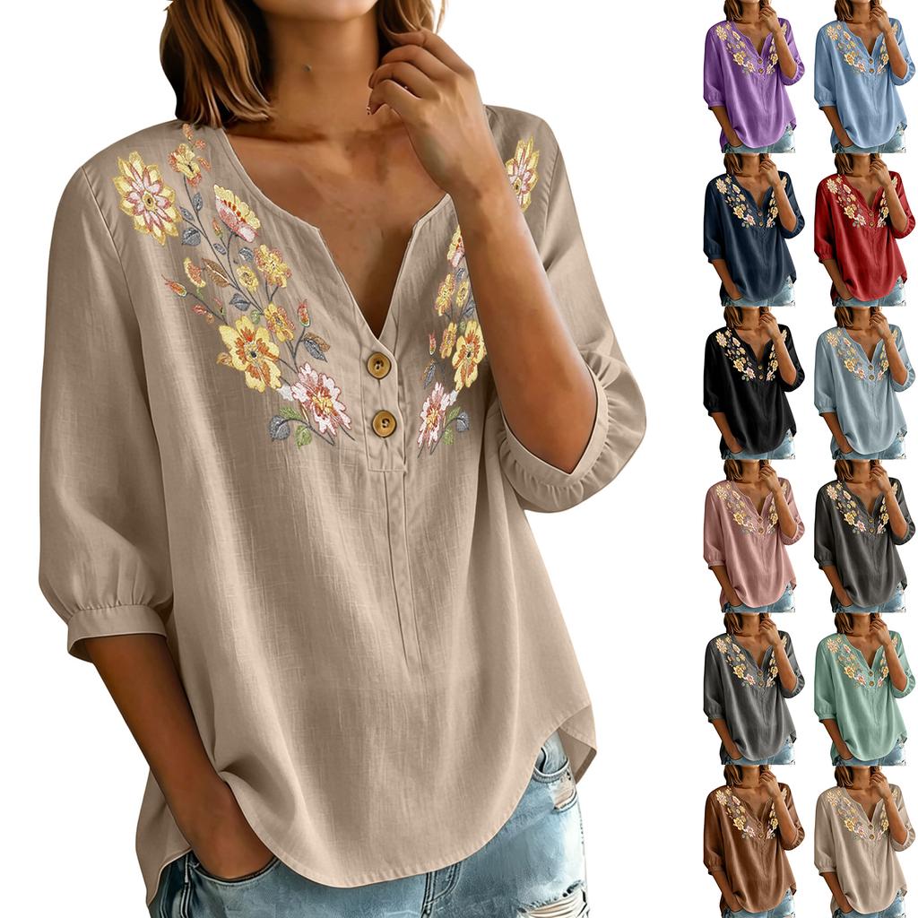 Women Floral Pattern Henley Neck Button Front Three Quarter Sleeve Linen Cotton Blend Shirt Casual Loose Fit Blouse
