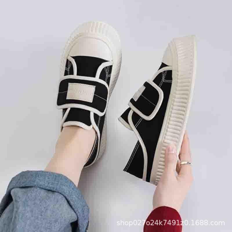 2025 summer breathable Velcro canvas shoes female niche versatile step heel two wear platform student biscuits white shoes