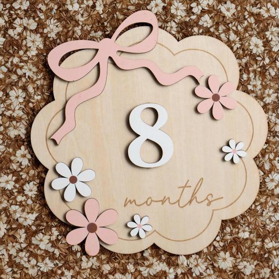Baby Monthly Milestone Ornaments, Wooden Growth Markers with 3D Bow And Flower Decoration, Baby Monthly Milestone Cards for Baby Photos Keepsake