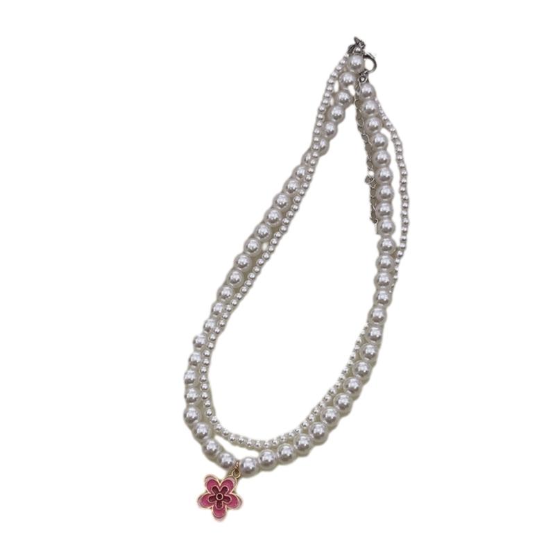Y2K Style Double Layered-Pearl Clavicle Chain Flower Pendant Choker Necklace Fashion Jewelry Gift Dainty Beaded Necklace