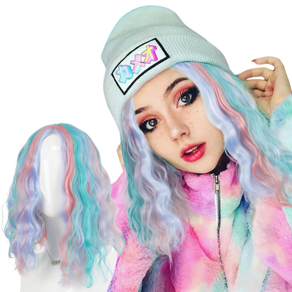 Colorful medium short wavy hair synthetic wig | Lolita blue pink girl's cute short curly wig | suitable for outdoor leisure wear