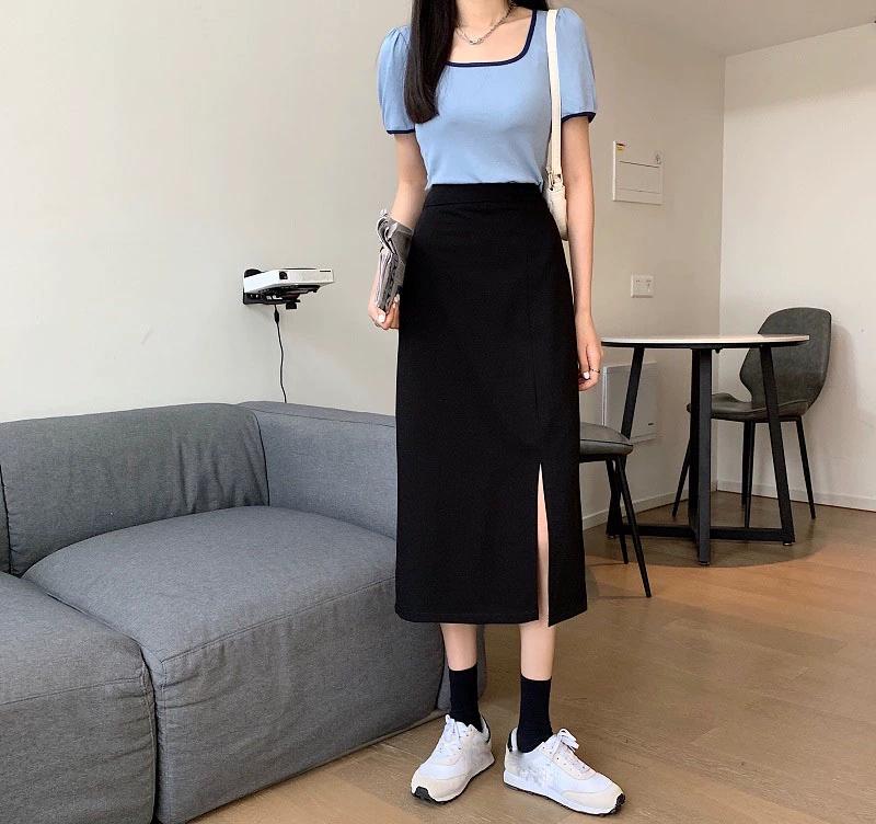 Saia Feminina Preta Cintura Alta Fenda Lateral Comprimento Midi Saia Feminina Elástica Slim Linha A Retrô Elegante Versátil Simples Moda