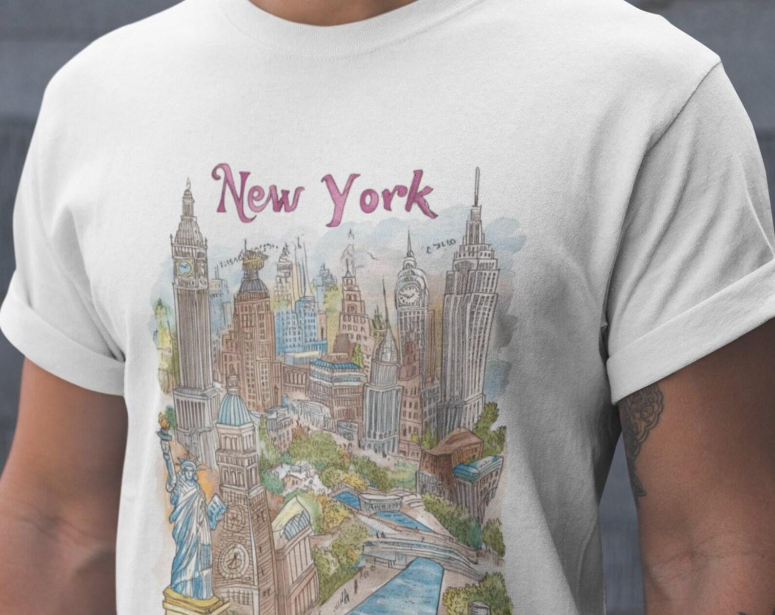 NYC Skyline T-Shirt: SketchNote Watercolor New York Cityscape 2XL