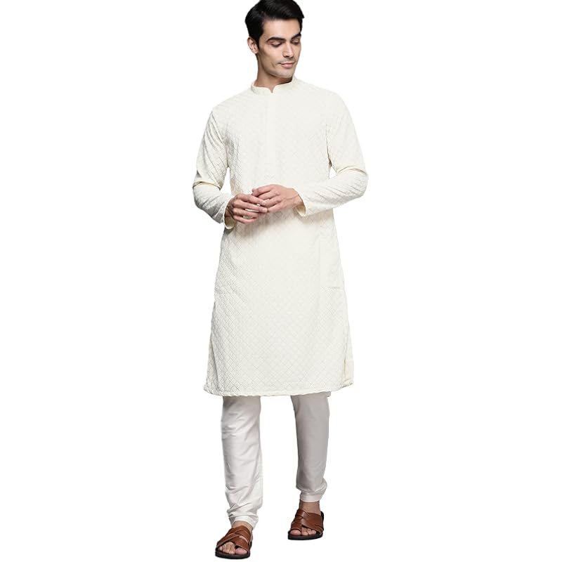 Manyavar Kurta Set For Men, Full Sleeves Mandarin Collar Ethnic Kurta Set For Engagement, Wedding, Party All Over Self D