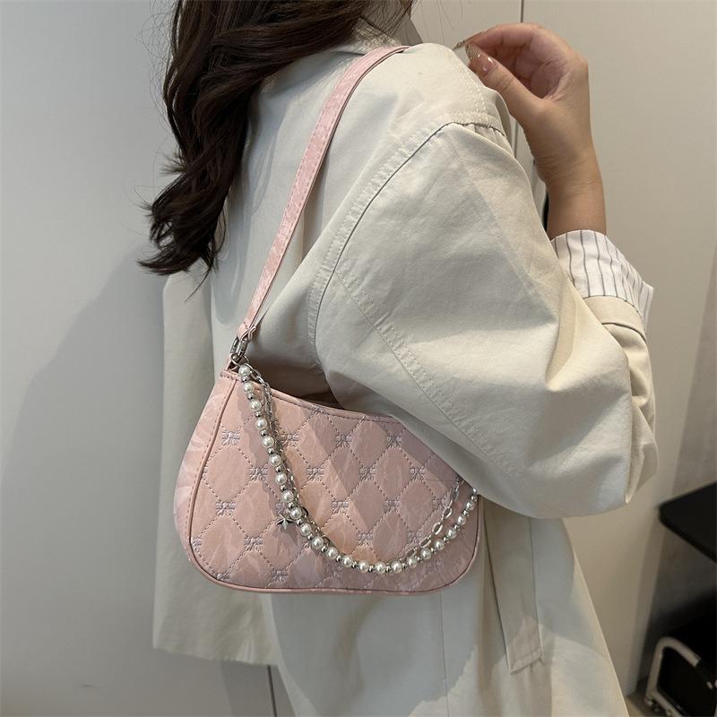 Bag Women's Pure Desire Pearl Metal Double Chain Underarm Bag Commuter Women's Bag Shoulder Bag