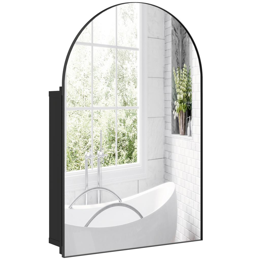 Bathroom Mirror Cabinet with Mirror, Arched Wall Mounted Bathroom Cabinet with Storage Shelves, Black