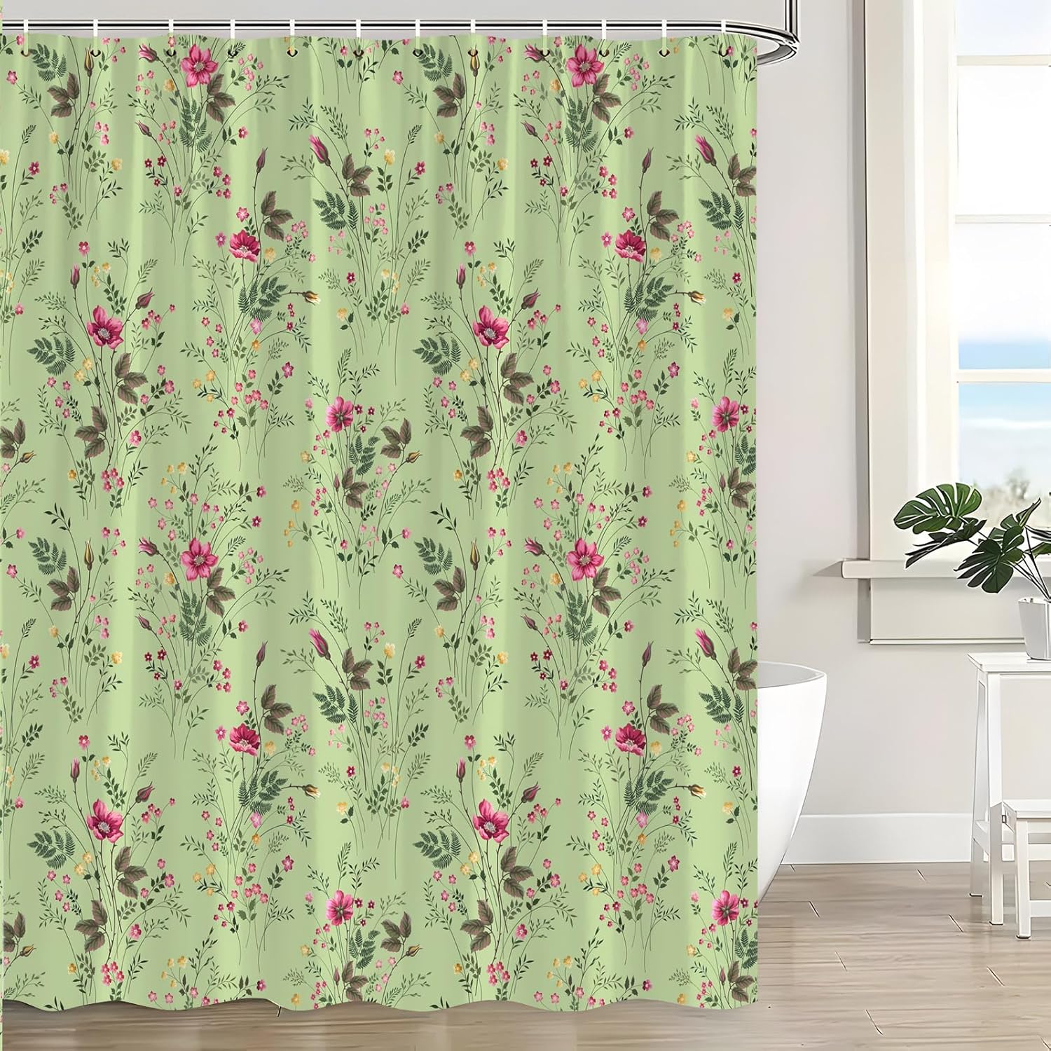 Textile Article Green/Pink Sage Botanical Shower Curtain Floral Vintage Flower Leaves Plant Watercolor Wildflower Herb Elegant Bath