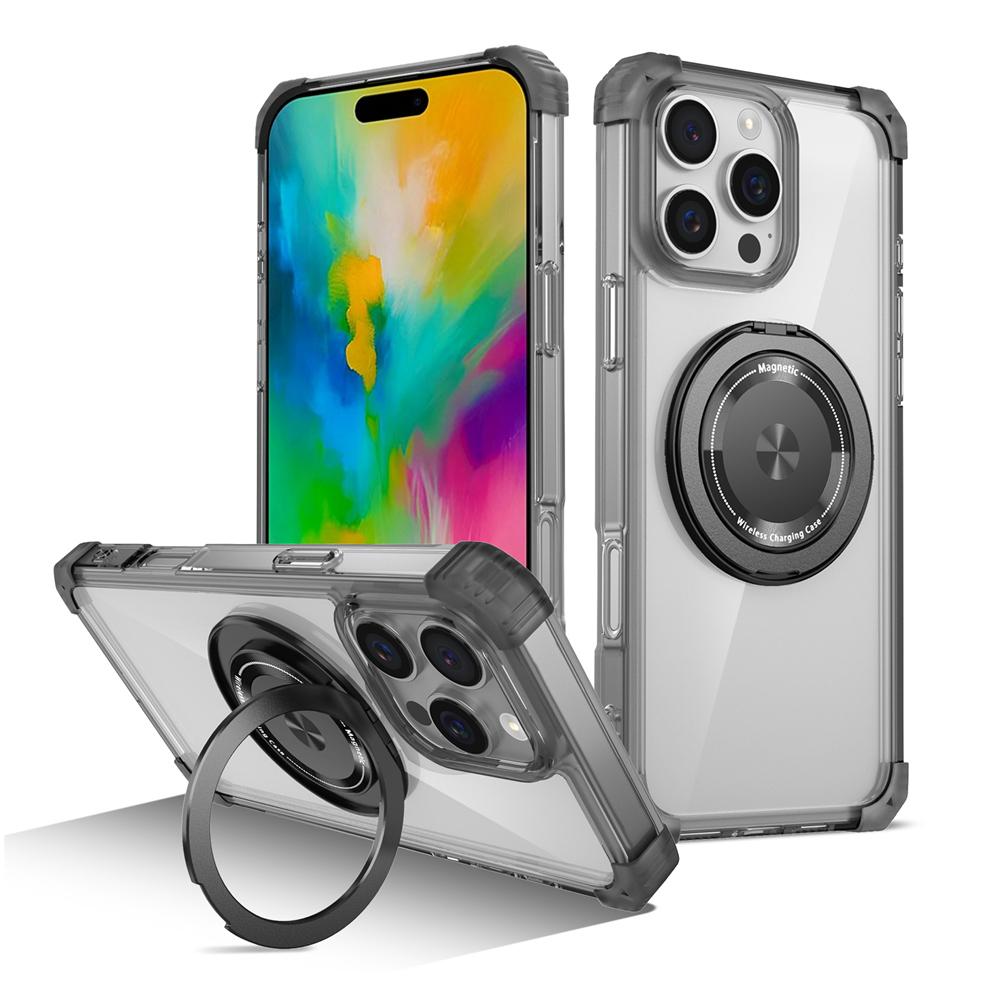 KEYSION HD Transparent Stoßfest Fall für MagSafe für iPhone 16 Pro Max 16 Plus 360 ° Drehbare Magnetische Ring Stand Telefon Abdeckung