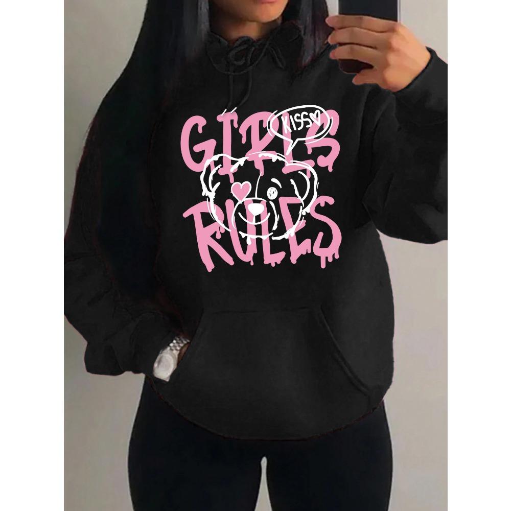 Girls Rules Pink Kiss Cartoon Love Bear Design Women Hoodies Autumn Y2K Hoody Casual Sportswear Fleece Clothes