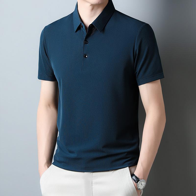 Men'S Solid Color Lapel Quick-Drying Waffle Loose Breathable Medium And Short-Sleeved T-Shirt Polo Shirt