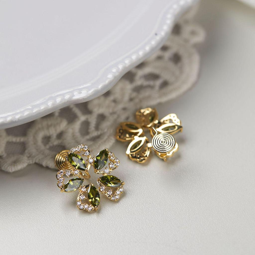 Mori Style Olive Green Zircon Flower Ear Clips: Painless, No-Pierce Micro-Pavé Earrings.