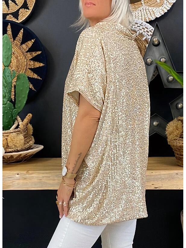 In Stock! 2021 Women's Summer Casual Loose Fit Sequin T-Shirt, Solid Color Short Sleeve Pullover