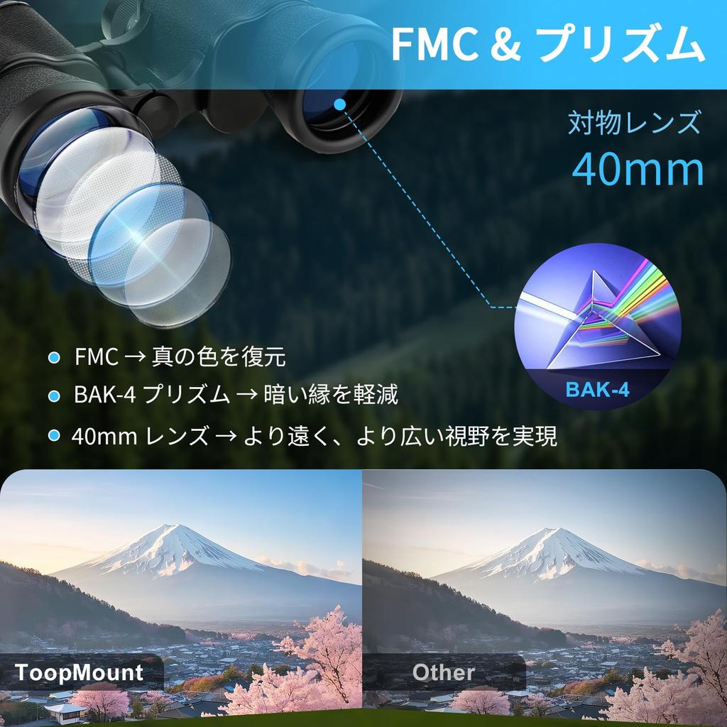 ToopMount 10x40 BAK4 Prism Telescope with Wide Field of Waterproof Adjustable for Bird Sporting and Cruises Binoculars, Multi-Coated Lenses, View,
