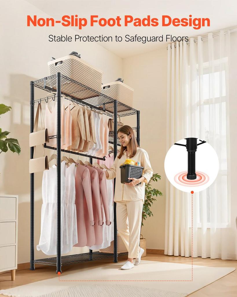 Clothing Garment Rack, Heavy Duty Clothes Rack, 6 Adjustable Tiers Clothes Racks with Steel Frame, 363 kg Load Capacity Closet Wardrobe with 3 Hanging