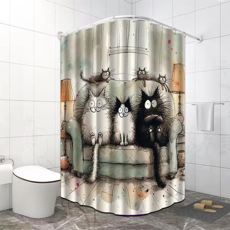 VIKAMA 1-Piece Set of Three Kittens Print Shower Curtain with Hooks - Waterproof Bathroom Bathtub Divider Home Decor