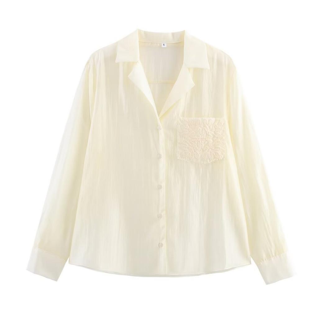 Fashion Ladies Lapel Long Sleeve Embroidered Pocket Decoration Shirt Tops For Women