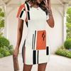Women Plus Size Round Neck Short Sleeve White Orange Black Geometric Printed Fitted Mini Dress