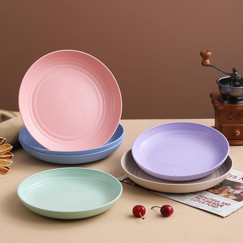 Wheat Straw Round Vegetable Plate Household Large Vegetable Plate Set Drop-Resistant Snack Plastic Plate Fruit Plate
