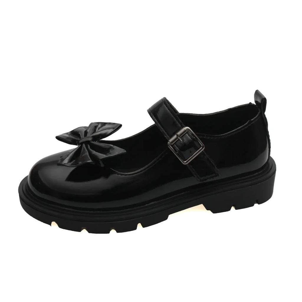 Japanese Style StudentSweetbow Black Flat Shoes Round Toe Shallow Sole One-Character Buckle Low Heel Mary Jane Shoes
