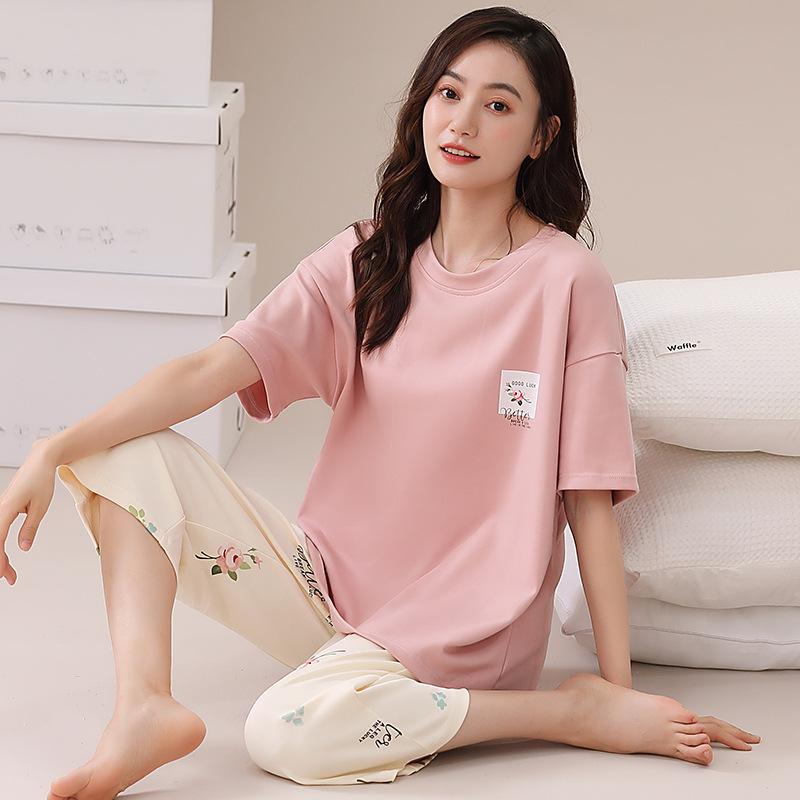 

Pajamas women s summer pure cotton short-sleeved cropped pants women s thin casual cotton loungewear can be worn outside the suit summer xxxl recommended 80-90kg