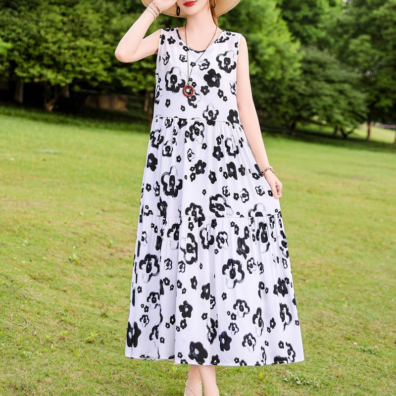 Elegant Sleeveless Dress for Women Plus Size Loose Vintage Print Long Dress Summer Middle-aged Women's Clothing