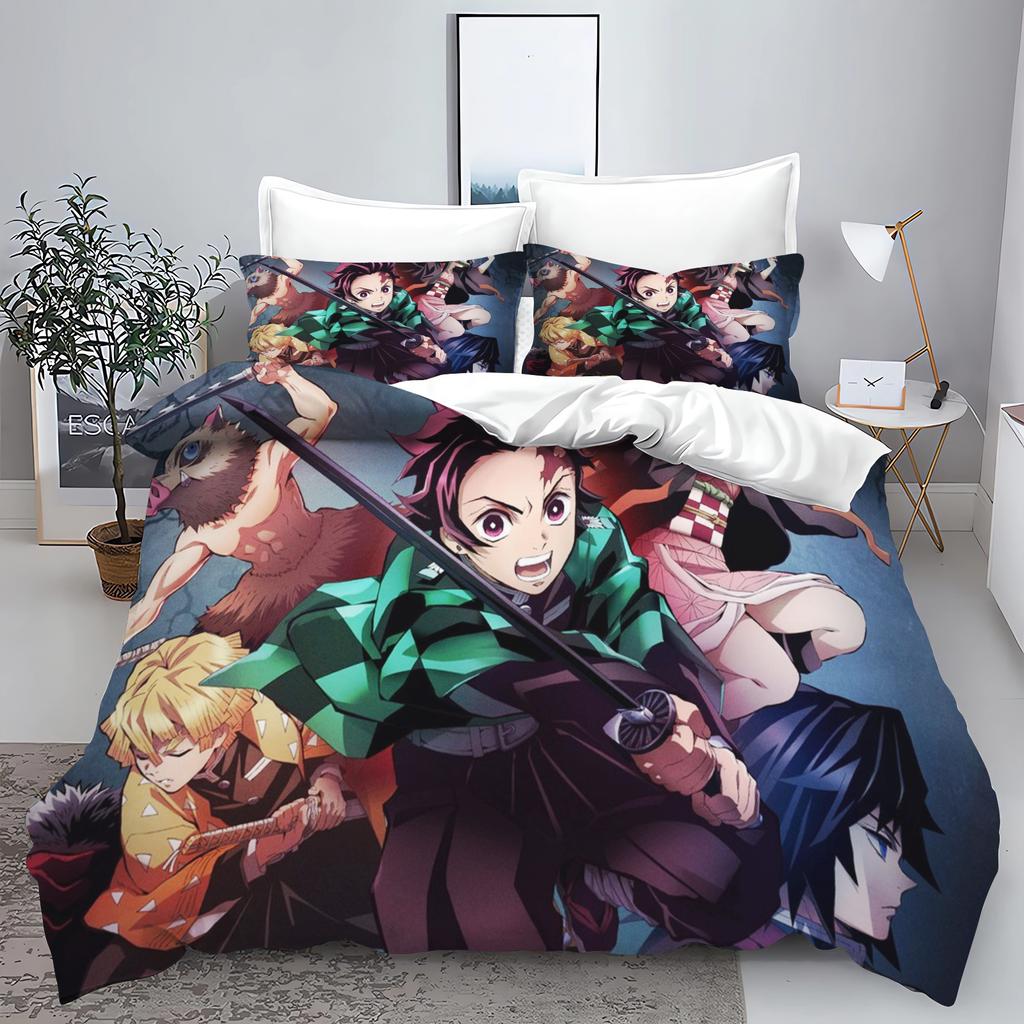 Demon slakter: Kimetsu no Yaiba kamado Nezuko Anime 100% Polyester Sengetøy Sett Dynetrekk Sett Trykt Tegneserie Hjemmeinnredning