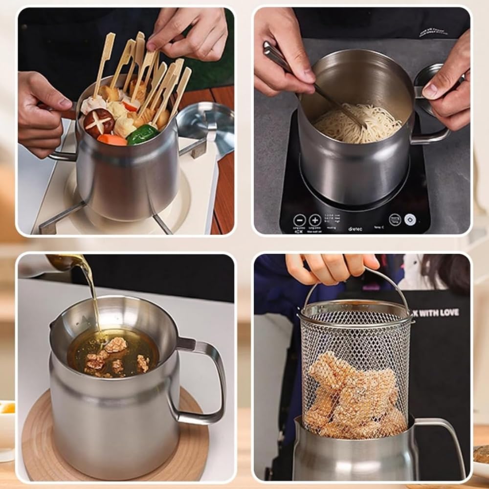 Korekaou Deep Fryer Pot & Oil Pot, 3.5L, Gas & IH Compatible, 304 Stainless Steel, Tempura Pot, Multi-purpose Oil Pot, Oil Strainer, Oil Drainer, Oil
