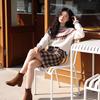 Feiyuan Women's Retro Plaid Wool Midi Skirt with Belt - Stylish Korean Pencil Skirt for Early Spring