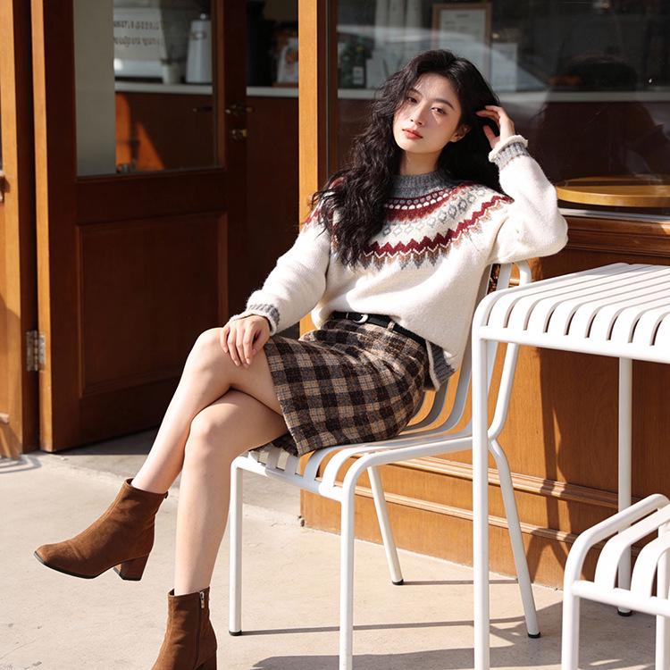 Feiyuan Women's Retro Plaid Wool Midi Skirt with Belt - Stylish Korean Pencil Skirt for Early Spring