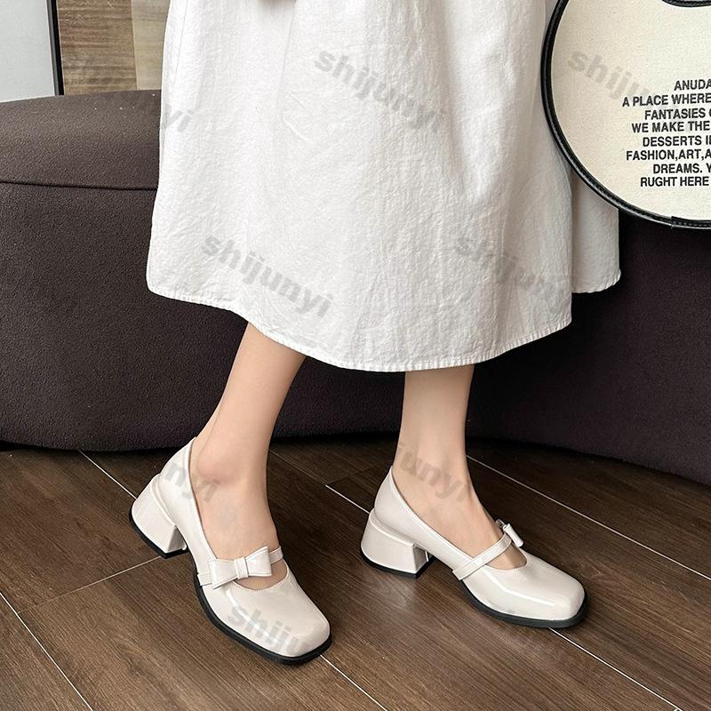 Modische Mary Janes mit eckiger Spitze und Schleifen für Damen, Frühling Neue Mode High Heels Leder Plateaupumps Frau Slipper Dicke Absätze Einzelne Schuhe