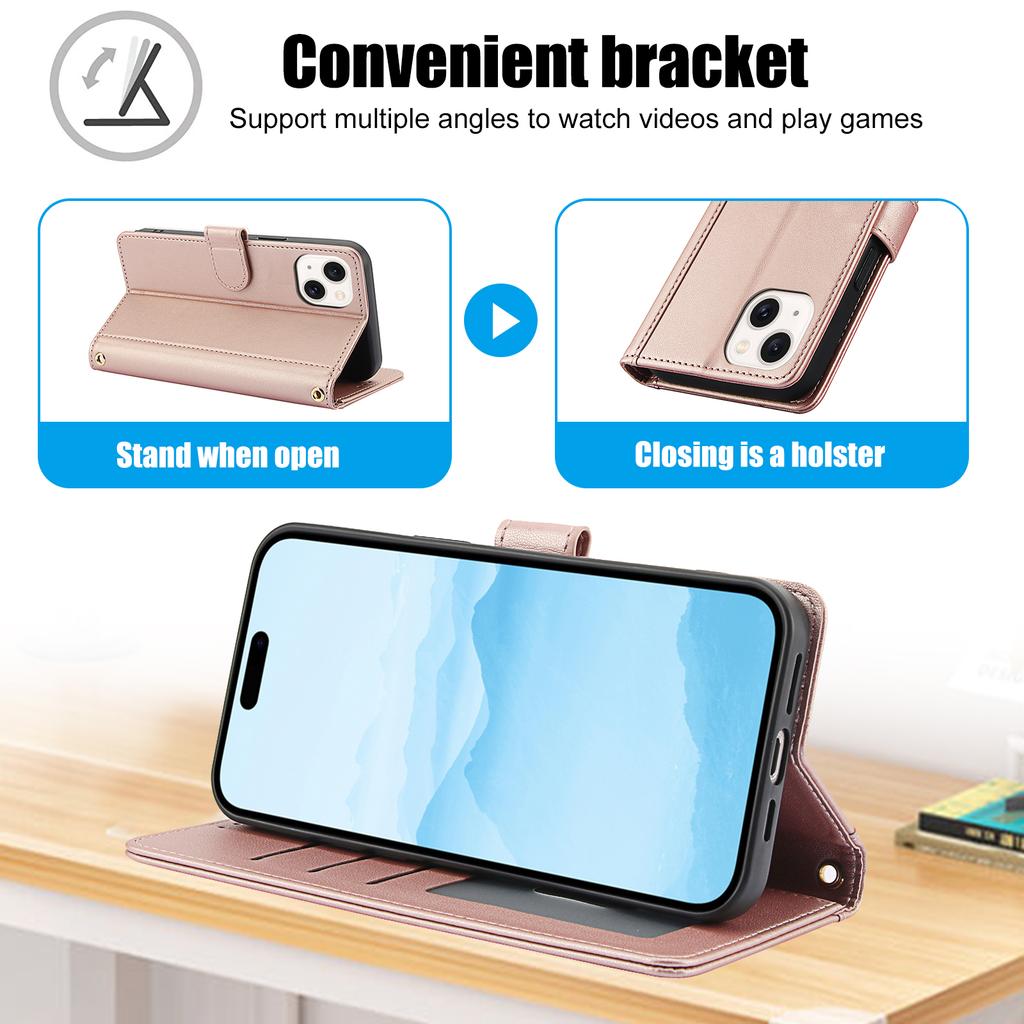 SY-003 For iPhone 14/13 Case PU Leather Stand View Phone Wallet Cover with Hand Strap